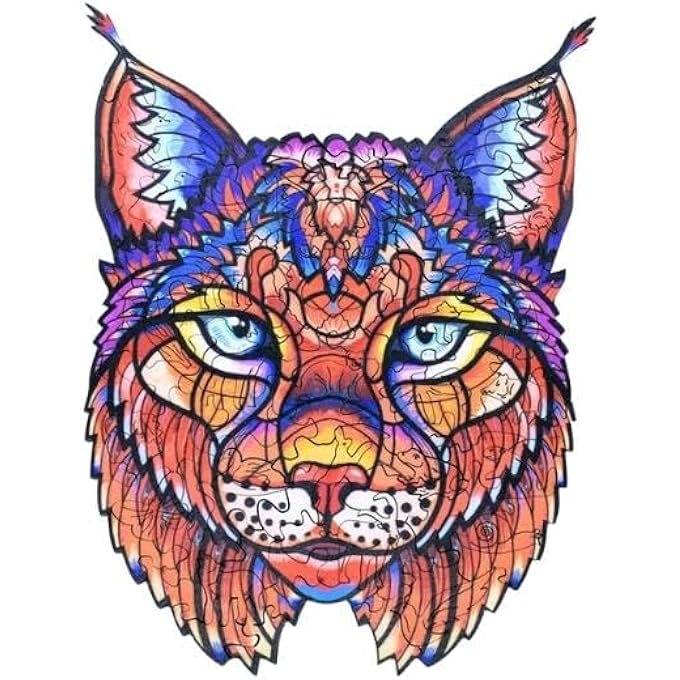 WOODEN JIGSAW PUZZLES, 3D WOODEN ANIMALS SHAPED PUZZLES, BEST GIFT FOR ADULTS AND KIDS DIY PUZZLE PIECE, COLORFUL UNIQUE SHAPED LYNX PUZZLES A5-5.8 X 8.2 IN (A5-LYNX 1) - Image 2
